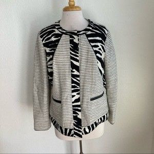 Chicos jacket zebra linen snap front long sleeve pockets stripes piping textured